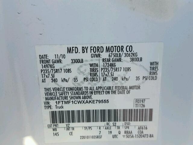 1FTMF1CWXAKE79555 - 2010 FORD F150 WHITE photo 10