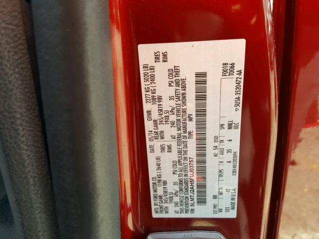 5LMTJ2AH5FUJ03757 - 2015 LINCOLN MKC 红色 照片 10