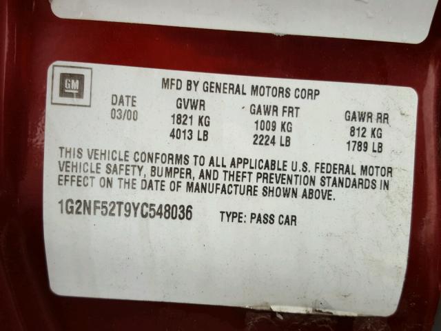 1G2NF52T9YC548036 - 2000 PONTIAC GRAND AM S Tünd qırmızı foto 10