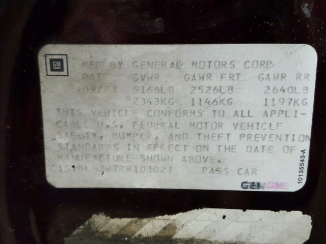 1G1BL52W7RR103027 - 1994 CHEVROLET CAPRICE CL 栗色 照片 10