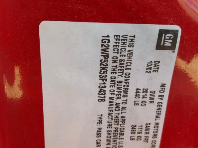 1G2WP52K53F134378 - 2003 PONTIAC GRAND PRIX RED photo 10