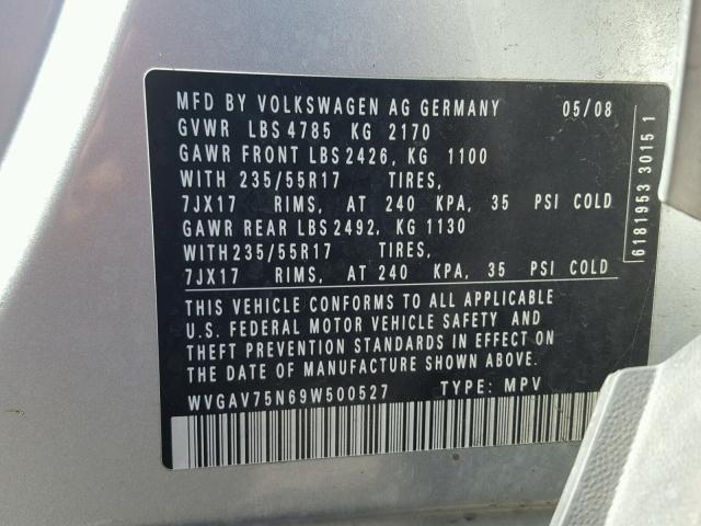 WVGAV75N69W500527 - 2009 VOLKSWAGEN TIGUAN S SILVER photo 10