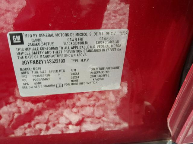 3GYFNBEY1AS522193 - 2010 CADILLAC SRX PERFOR RED photo 10