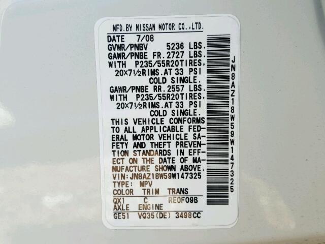 JN8AZ18W59W147325 - 2009 NISSAN MURANO S WHITE photo 10