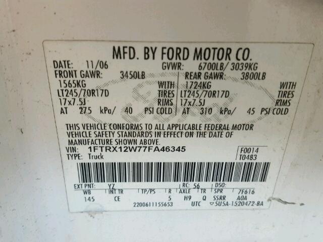 1FTRX12W77FA46345 - 2007 FORD F150 WHITE photo 10