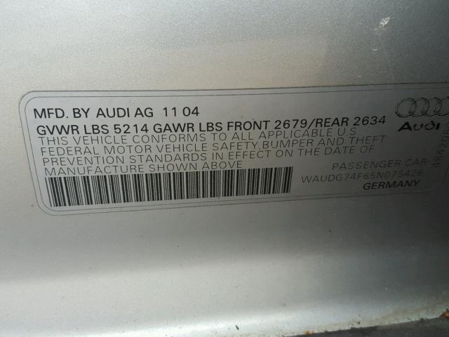 WAUDG74F65N075426 - 2005 AUDI A6 3.2 QUA SILVER photo 10