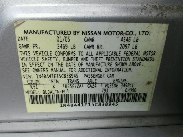 1N4BA41E15C838945 - 2005 NISSAN MAXIMA SE SILVER photo 10