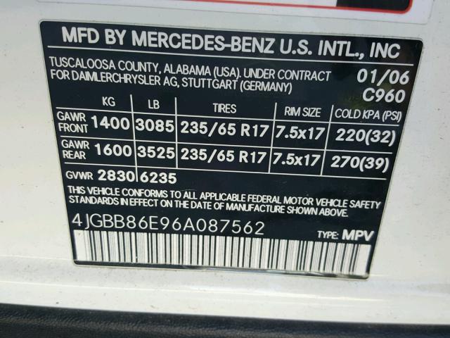 4JGBB86E96A087562 - 2006 MERCEDES-BENZ ML 350 WHITE photo 10