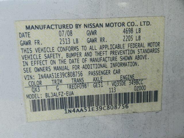 1N4AA51E39C808756 - 2009 NISSAN MAXIMA S WHITE photo 10