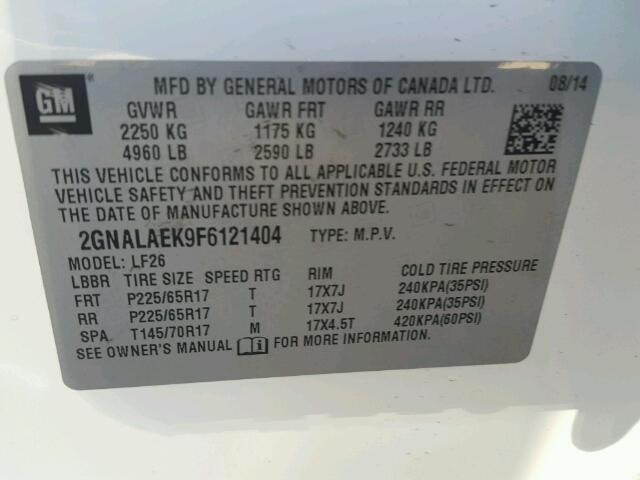 2GNALAEK9F6121404 - 2015 CHEVROLET EQUINOX LS WHITE photo 9