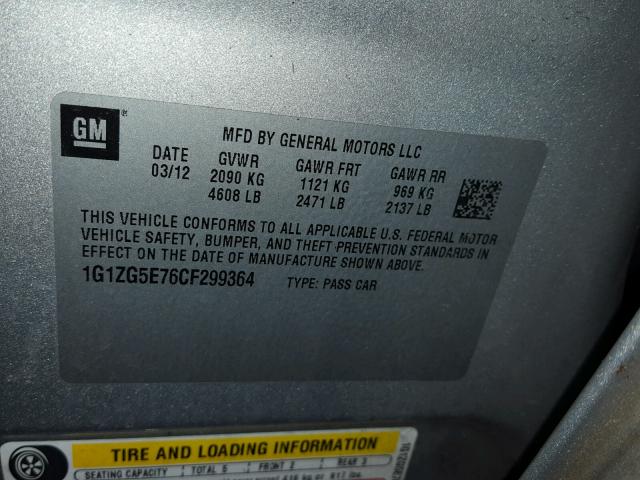 1G1ZG5E76CF299364 - 2012 CHEVROLET MALIBU LTZ 银色 照片 10