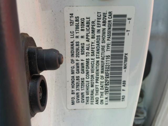 19XFB2F9XFE031116 - 2015 HONDA CIVIC EXL 白色 照片 10