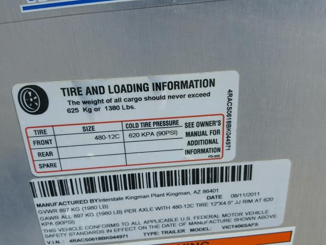 4RACS0618BK044971 - 2011 UTILITY TRAILER SILVER photo 10