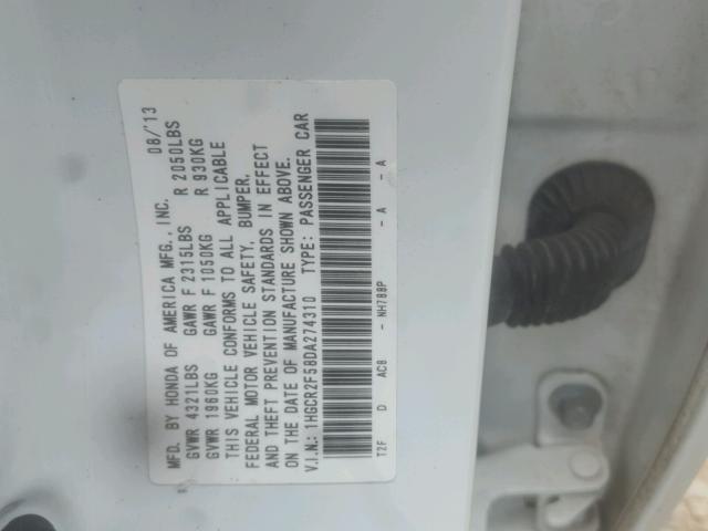 1HGCR2F58DA274310 - 2013 HONDA ACCORD SPO 白色 照片 10