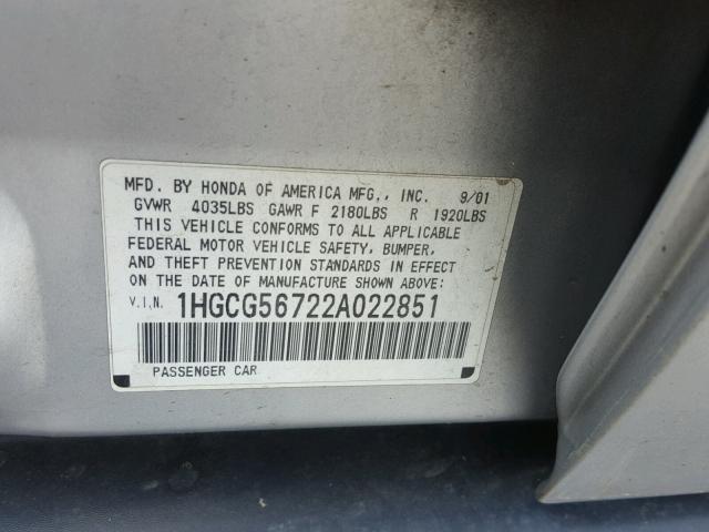 1HGCG56722A022851 - 2002 HONDA ACCORD SE SILVER photo 10