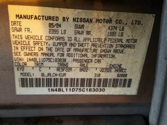 1N4BL11D75C183030 - 2005 NISSAN ALTIMA GRAY photo 10