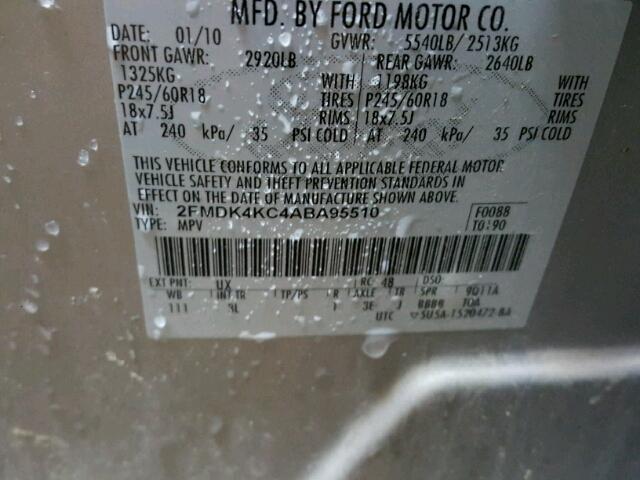 2FMDK4KC4ABA95510 - 2010 FORD EDGE LIMIT SILVER photo 10