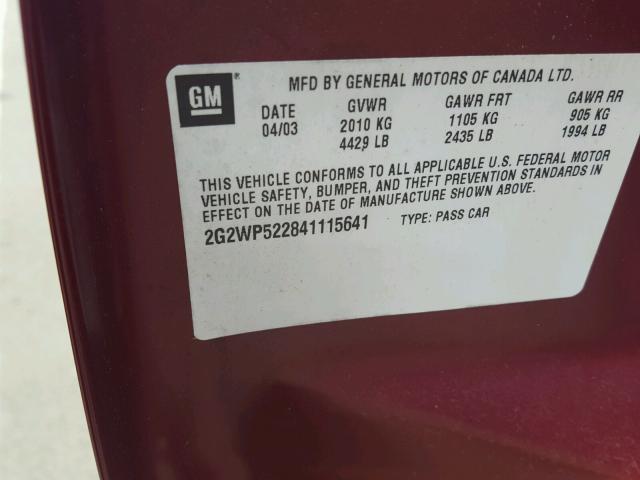 2G2WP522841115641 - 2004 PONTIAC GRAND PRIX RED photo 10