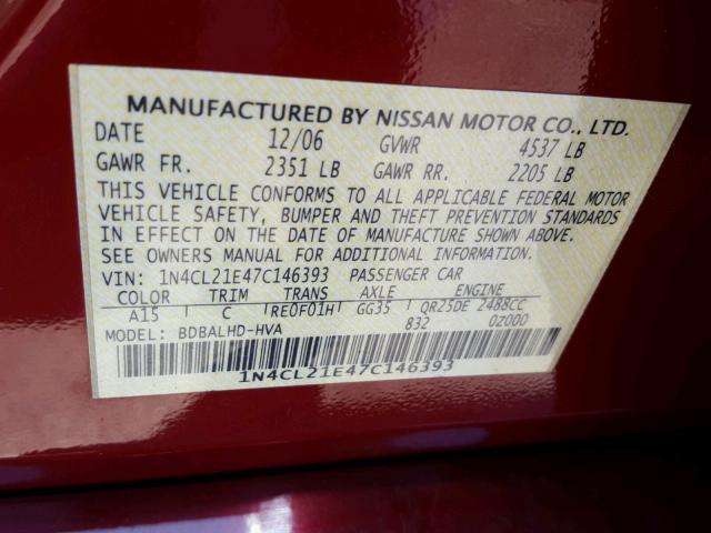 1N4CL21E47C146393 - 2007 NISSAN ALTIMA HYB RED photo 10