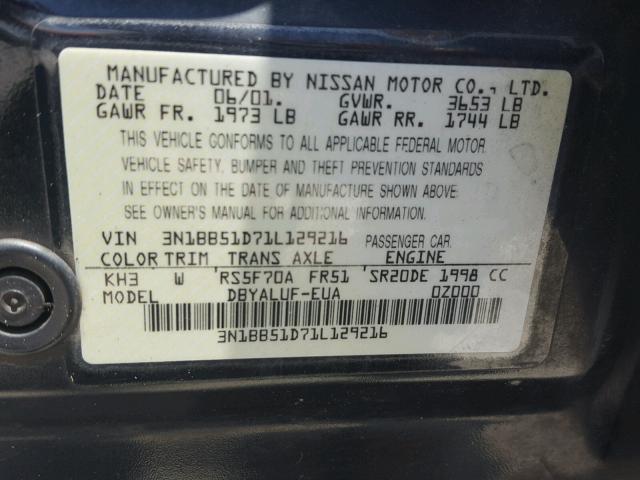 3N1BB51D71L129216 - 2001 NISSAN SENTRA SE BLACK photo 10