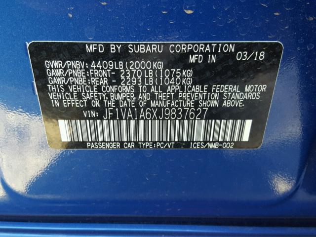 JF1VA1A6XJ9837627 - 2018 SUBARU WRX BLUE photo 10