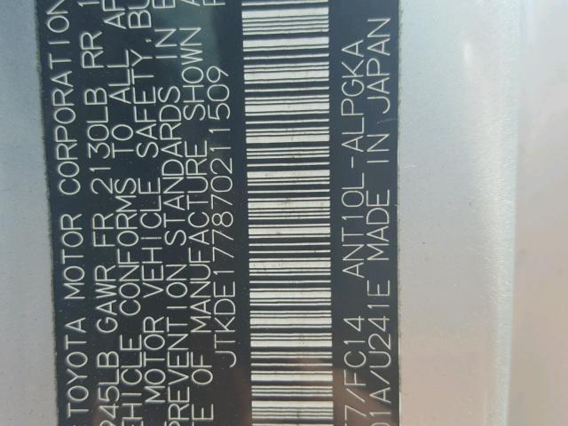 JTKDE177870211509 - 2007 TOYOTA SCION TC 银色 照片 10