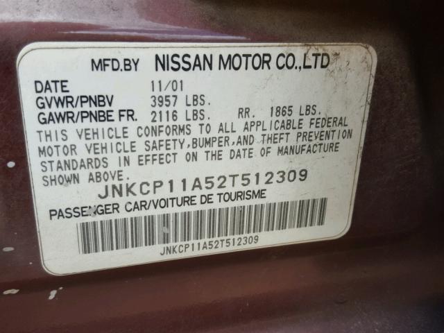 JNKCP11A52T512309 - 2002 INFINITI G20 BURGUNDY photo 10