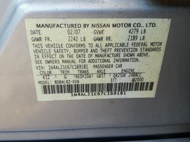 1N4AL21E67C169181 - 2007 NISSAN ALTIMA 2.5 SILVER photo 10