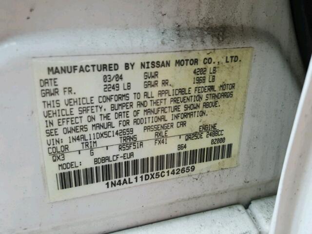 1N4AL11DX5C142659 - 2005 NISSAN ALTIMA S WHITE photo 10