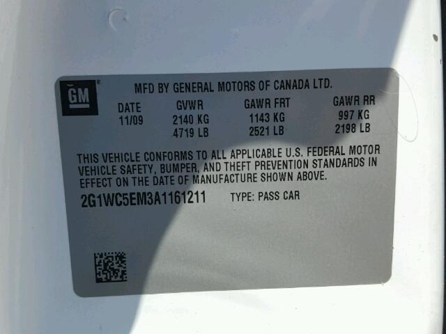 2G1WC5EM3A1161211 - 2010 CHEVROLET IMPALA LTZ WHITE photo 10