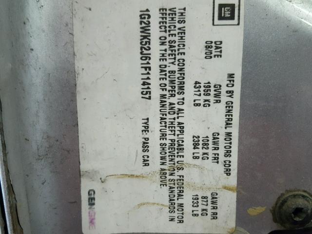 1G2WK52J61F114157 - 2001 PONTIAC GRAND PRIX GRAY photo 10