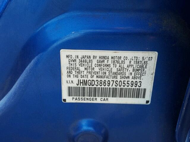 JHMGD38697S055993 - 2007 HONDA FIT S 蓝色 照片 10