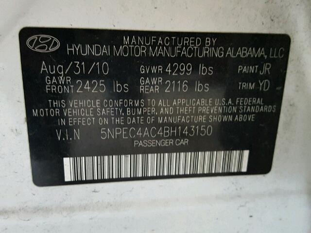 5NPEC4AC4BH143150 - 2011 HYUNDAI SONATA WHITE photo 10