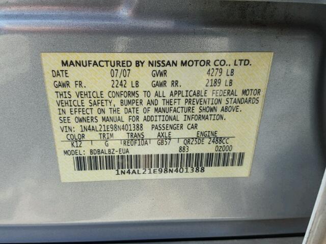 1N4AL21E98N401388 - 2008 NISSAN ALTIMA SILVER photo 10