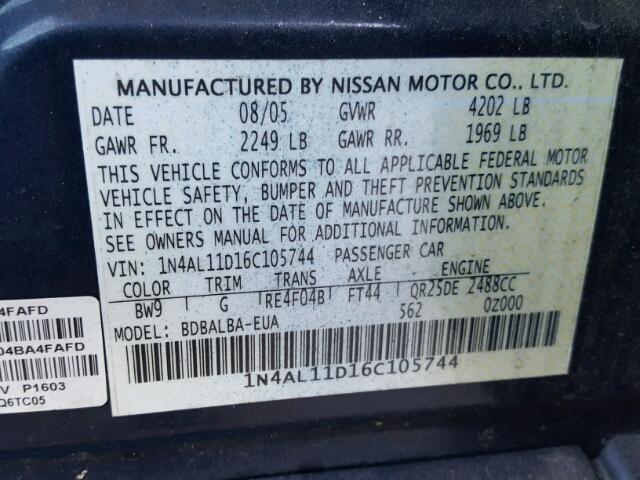 1N4AL11D16C105744 - 2006 NISSAN ALTIMA S BLUE photo 10