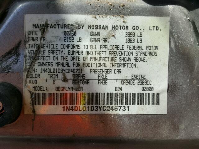 1N4DL01D3YC246731 - 2000 NISSAN ALTIMA GOLD photo 10