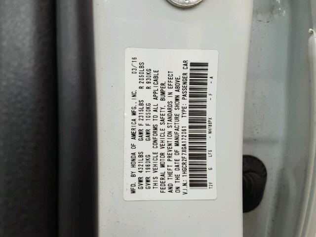 1HGCR2F7XGA172061 - 2016 HONDA ACCORD EX 白色 照片 10