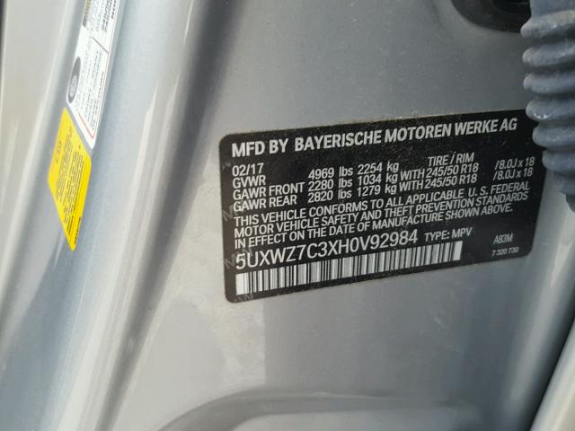 5UXWZ7C3XH0V92984 - 2017 BMW X3 SDRIVE2 SILVER photo 10