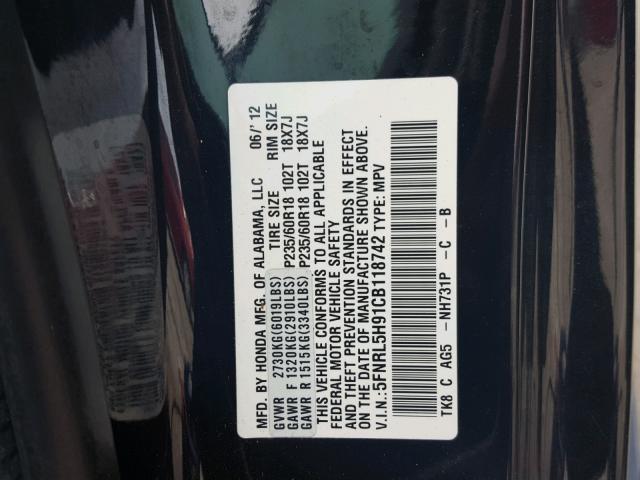 5FNRL5H91CB118742 - 2012 HONDA ODYSSEY TO BLACK photo 10