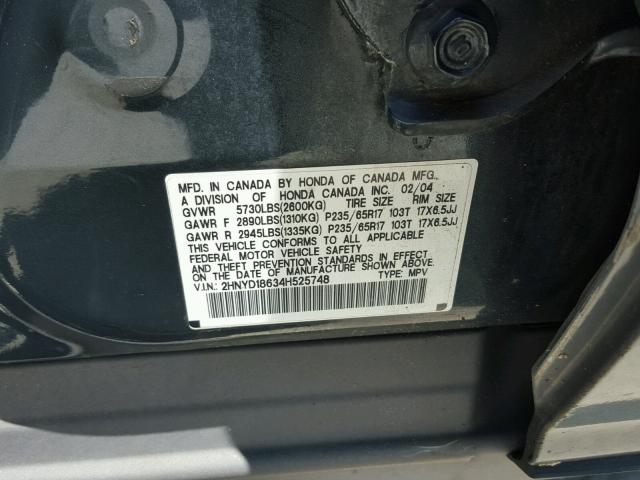 2HNYD18634H525748 - 2004 ACURA MDX TOURIN CHARCOAL photo 10