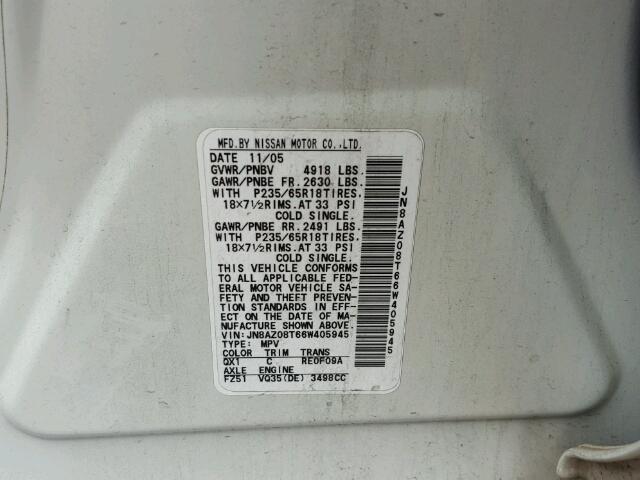 JN8AZ08T66W405945 - 2006 NISSAN MURANO WHITE photo 10