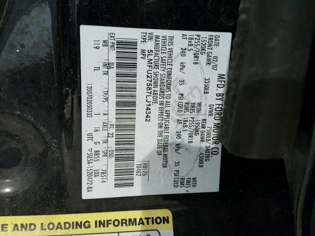 5LMFU27587LJ14342 - 2007 LINCOLN NAVIGATOR BLACK photo 10