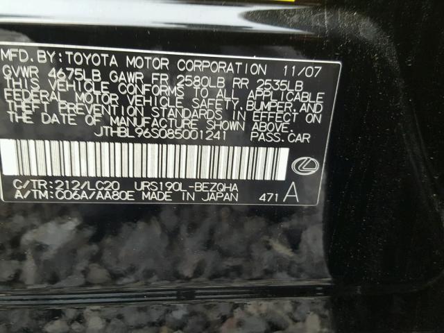 JTHBL96S085001241 - 2008 LEXUS GS 460 BLACK photo 10