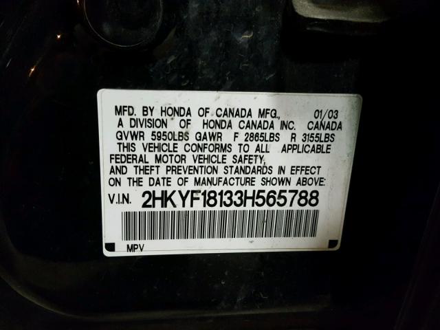 2HKYF18133H565788 - 2003 HONDA PILOT LX BLACK photo 10