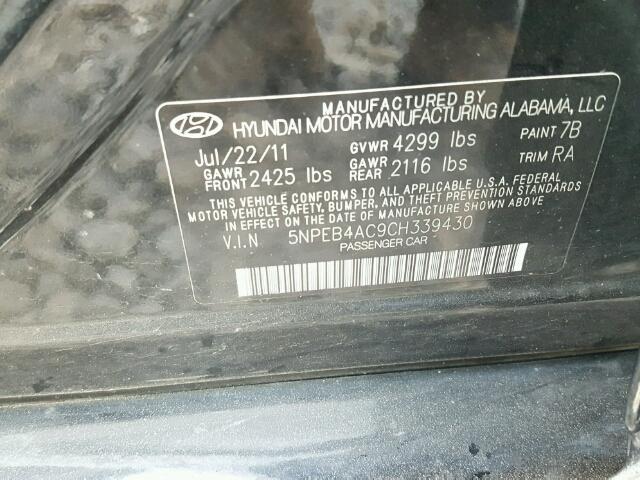 5NPEB4AC9CH339430 - 2012 HYUNDAI SONATA GLS BLACK photo 10