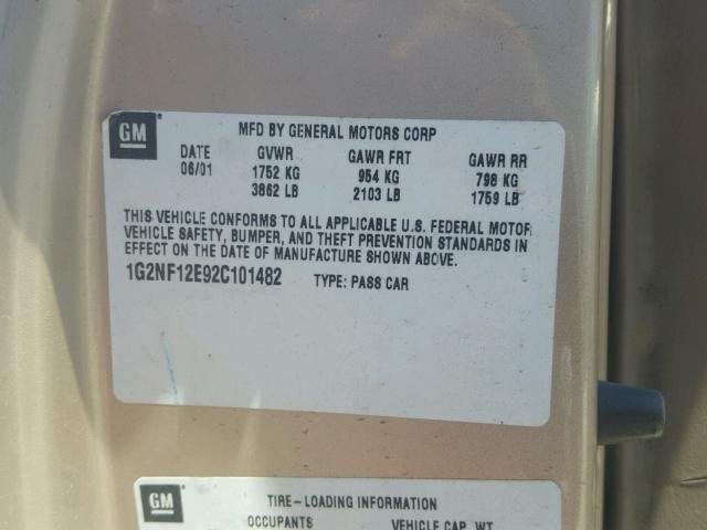 1G2NF12E92C101482 - 2002 PONTIAC GRAND AM S Bej foto 10