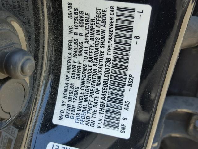 1HGFA46508L000738 - 2008 HONDA CIVIC GX BLACK photo 10