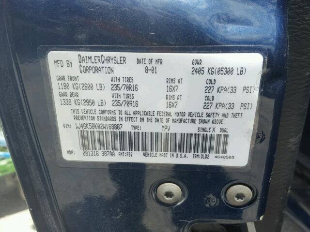 1J4GK58K02W168887 - 2002 JEEP LIBERTY LI BLUE photo 10