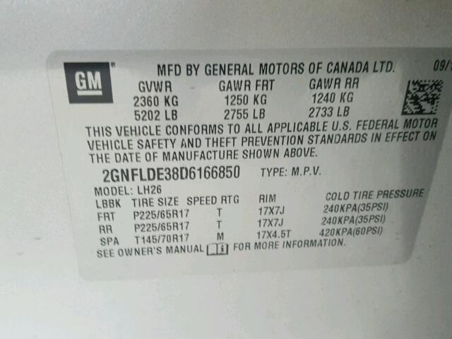 2GNFLDE38D6166850 - 2013 CHEVROLET EQUINOX LT SILVER photo 10