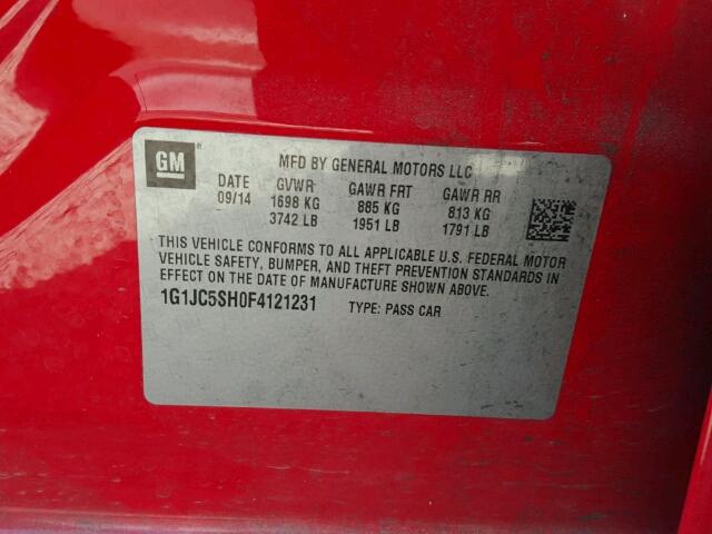 1G1JC5SH0F4121231 - 2015 CHEVROLET SONIC LT RED photo 10